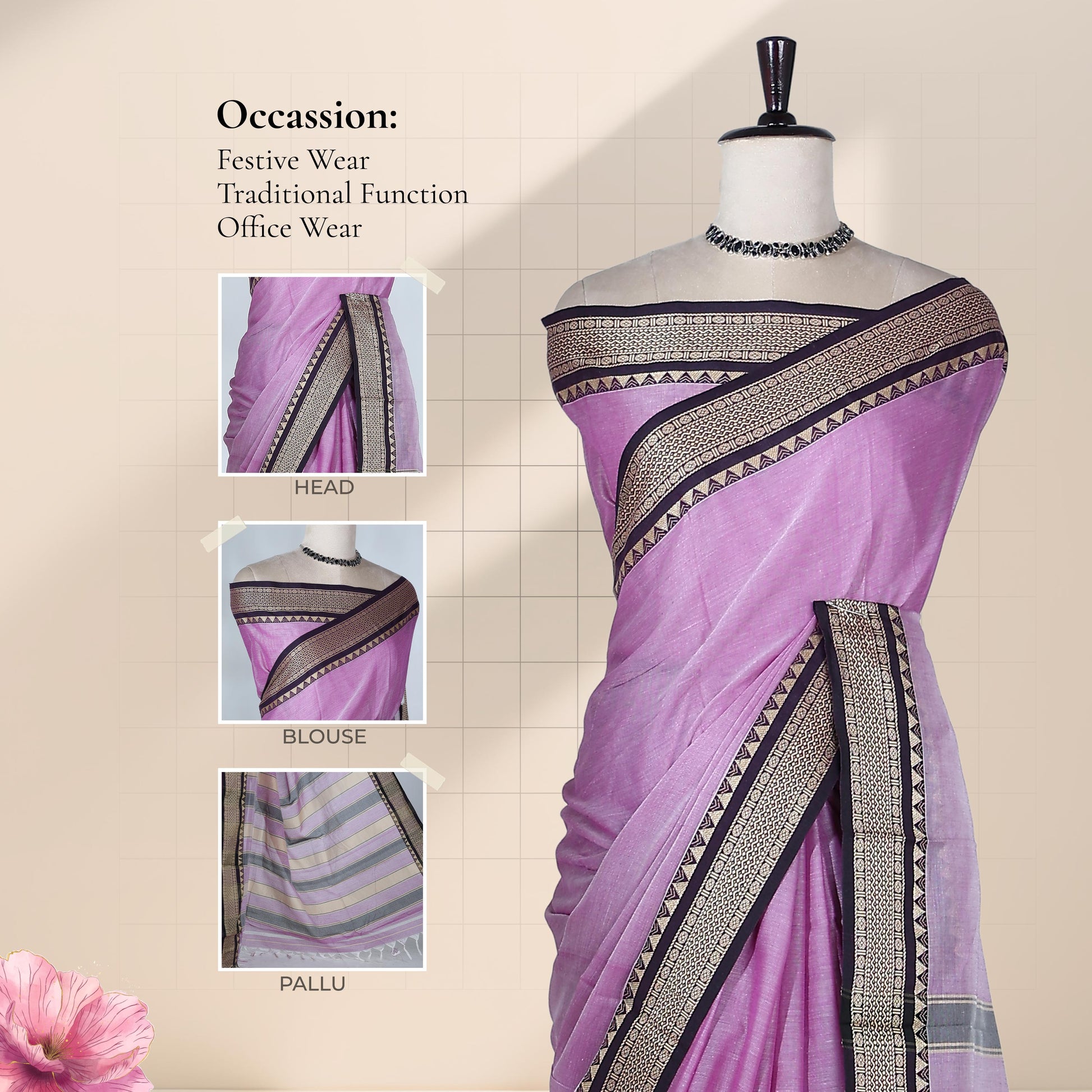 Light Purple Mangalagiri Cotton Saree With Traditional Woven Border And Striped Pallu - Front View 