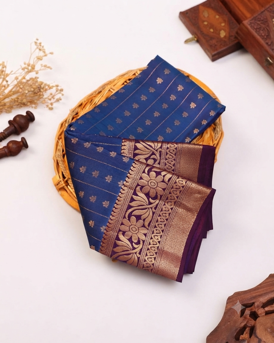 Elegant Traditional Silk Saree with Delicate Zari Buttas Linear Pattern Weaving and Ornate Floral Border- Blue