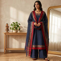 Womens Ethnic Unstitched Salwar Material With Elephant Zari Border Dark Blue Color And Maroon Border Dupatta Front View