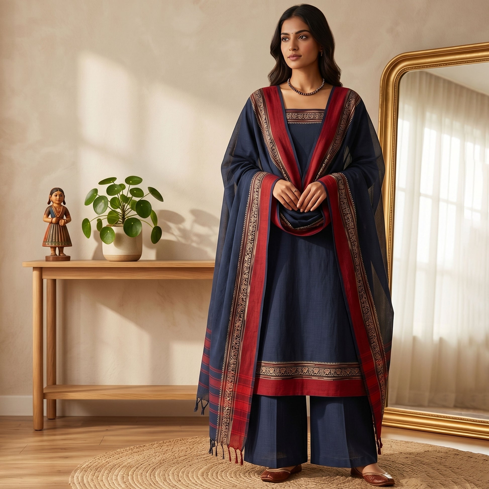 Womens Ethnic Unstitched Salwar Material With Elephant Zari Border Dark Blue Color And Maroon Border Dupatta Front View