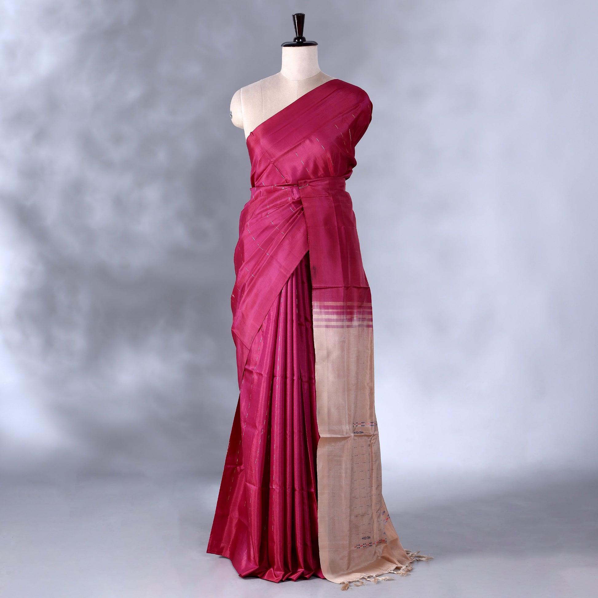 Maroon Banana Pith Saree with Dotted Pattern and Woven Border - Full View