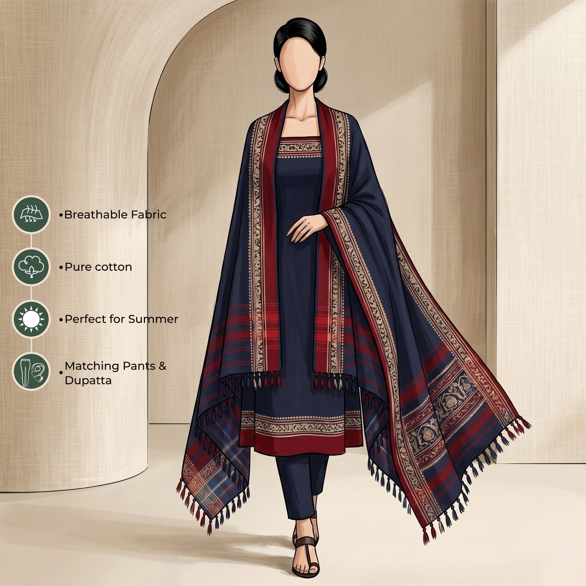 Women's Pure Cotton Salwar Material In Dark Blue With Matching Pants And Dupatta - Front View