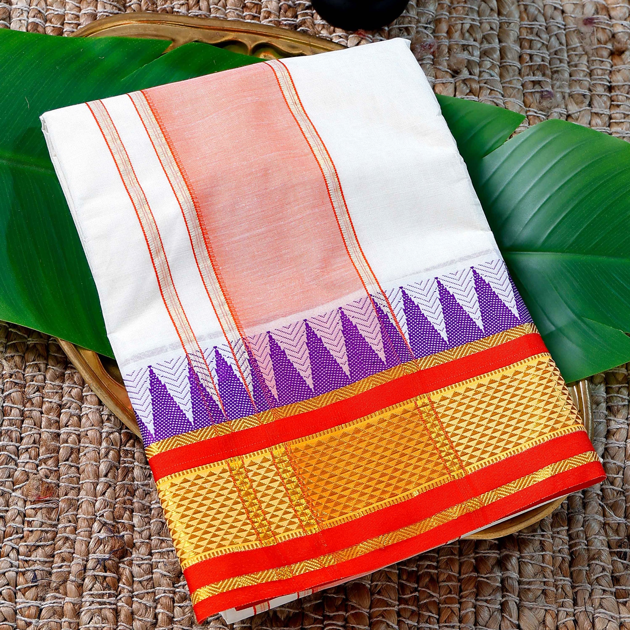 Men’s Cotton Dhoti with Red Colour Border - White