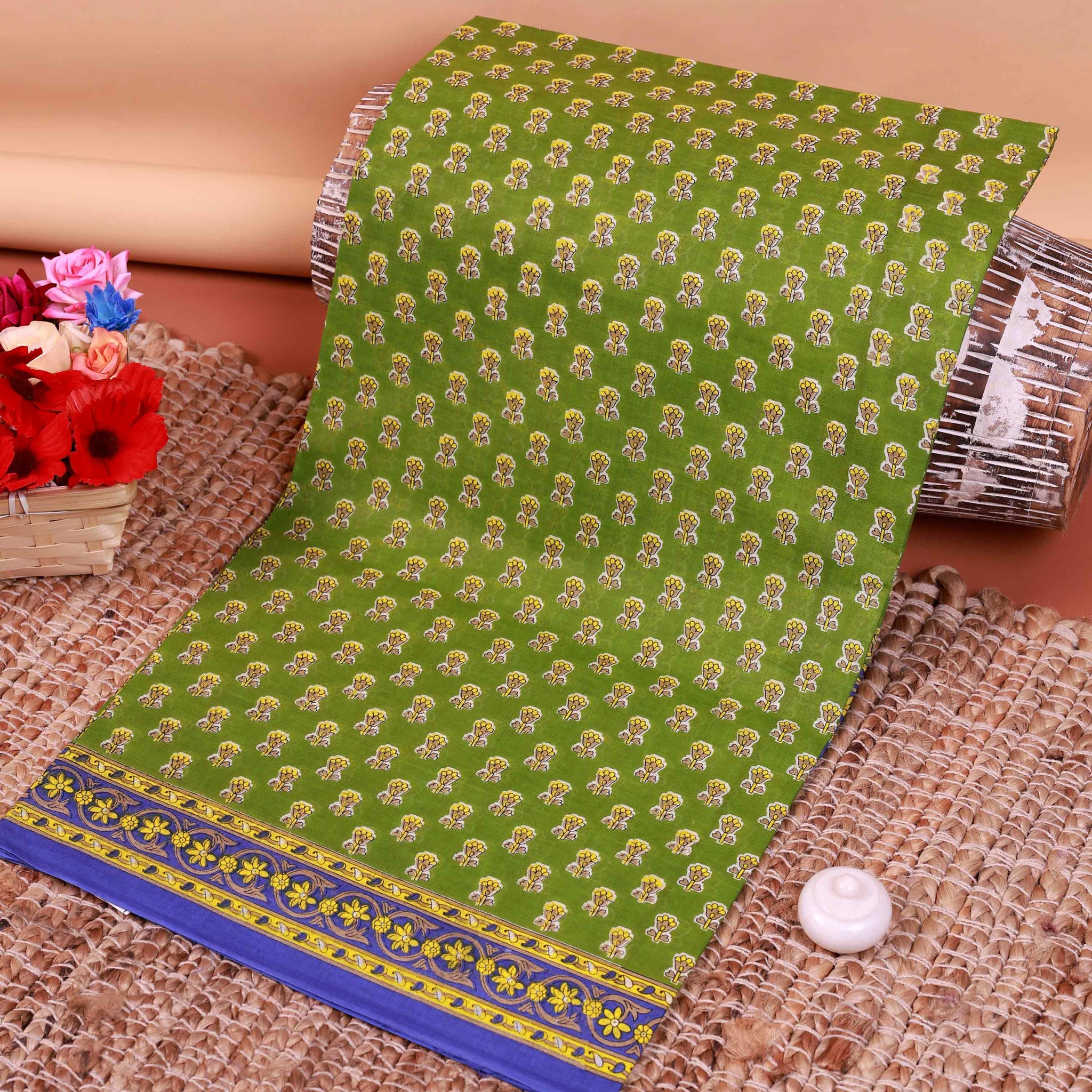 All-Over Floral Printed Voile Saree with Intricate Contrast Border – Green