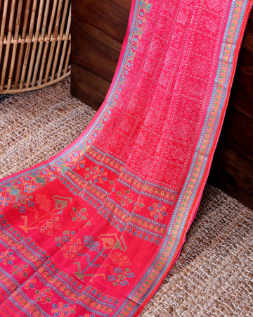 Elegant Lightweight Georgette Saree with Intricate Tribal Inspired Bandhani Motifs and Decorative Woven Border - Pink