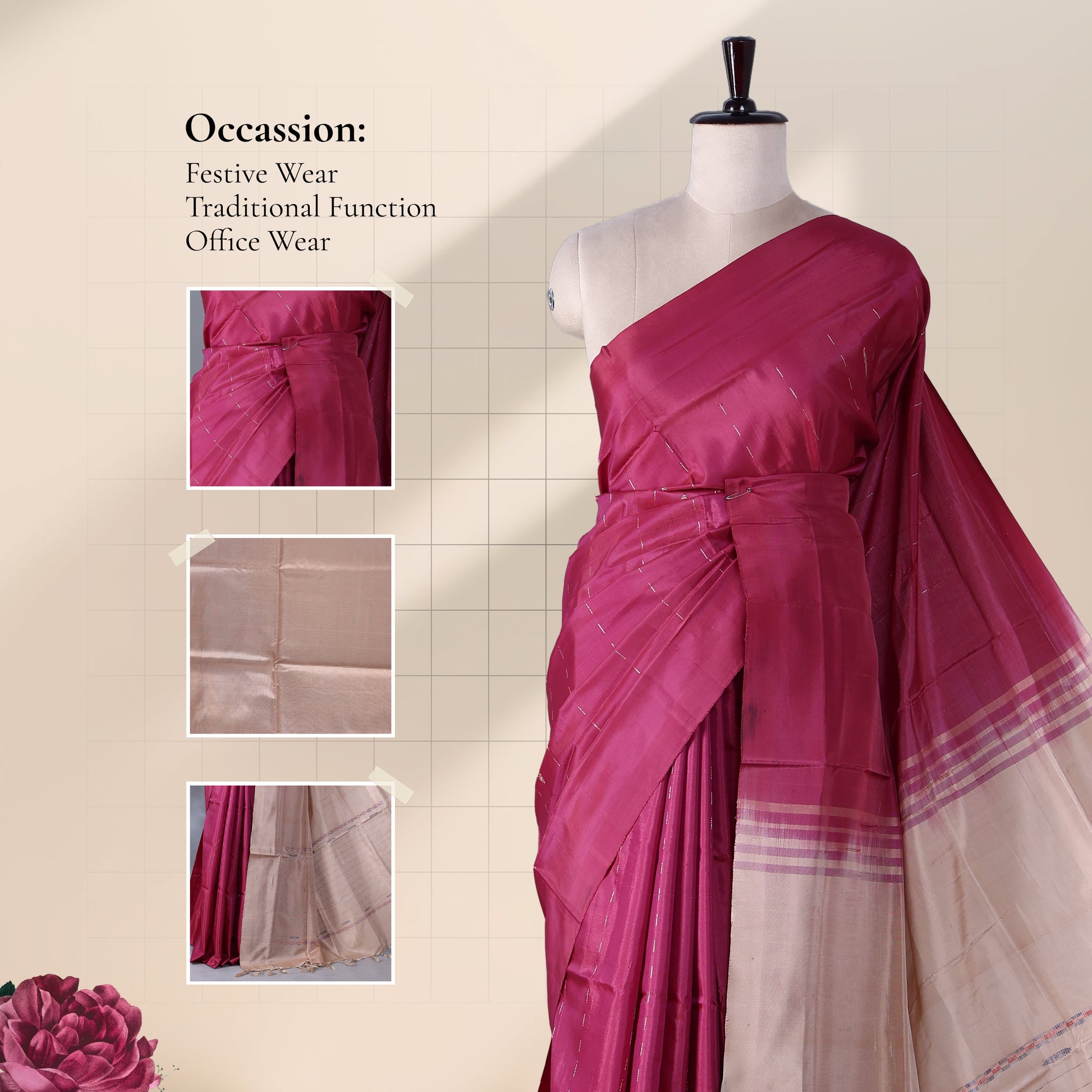 Maroon Banana Pith Saree with Dotted Pattern Contrast Beige Pallu 