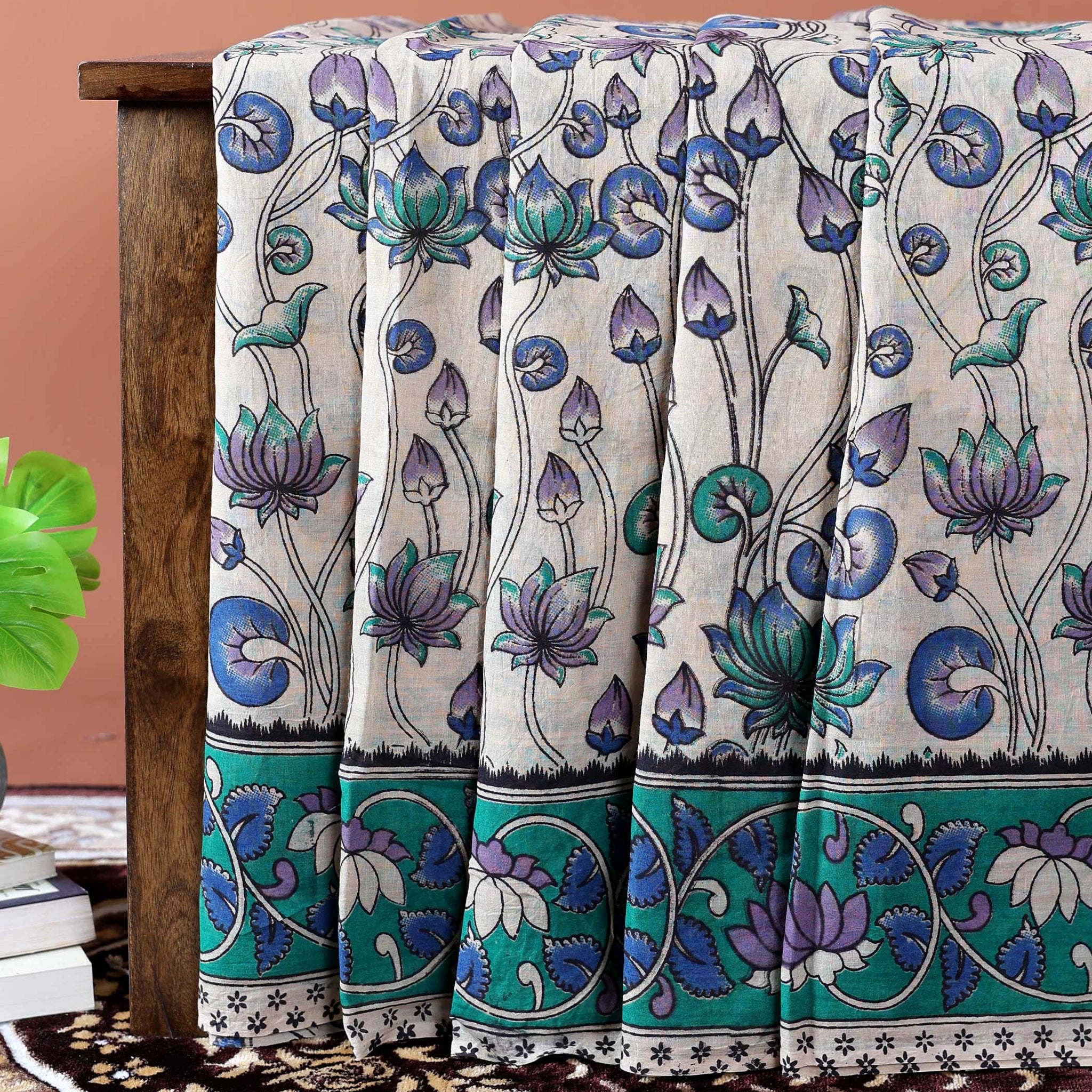 Kalamkari Hand-Painted Cotton Saree with Lotus Motif and Intricate Border - Cream