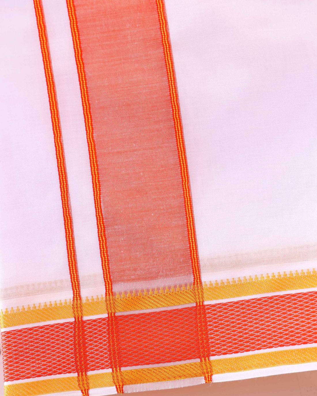 Men’s Traditional Handloom  10*6 Meter Cotton Dhoti with Orange Border - White