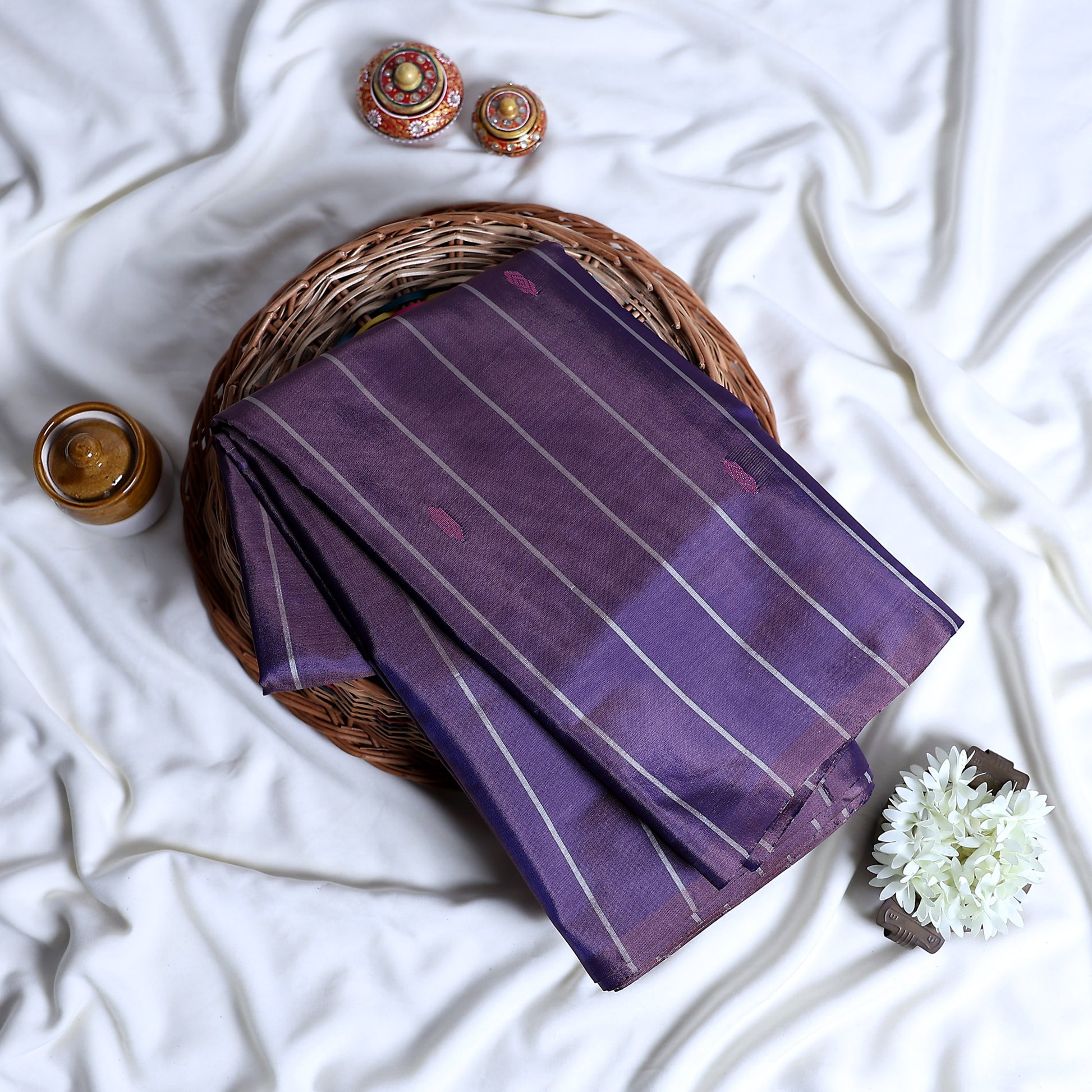 Banana Pith Saree in Purple with Subtle Stripes and Elegant Woven Details