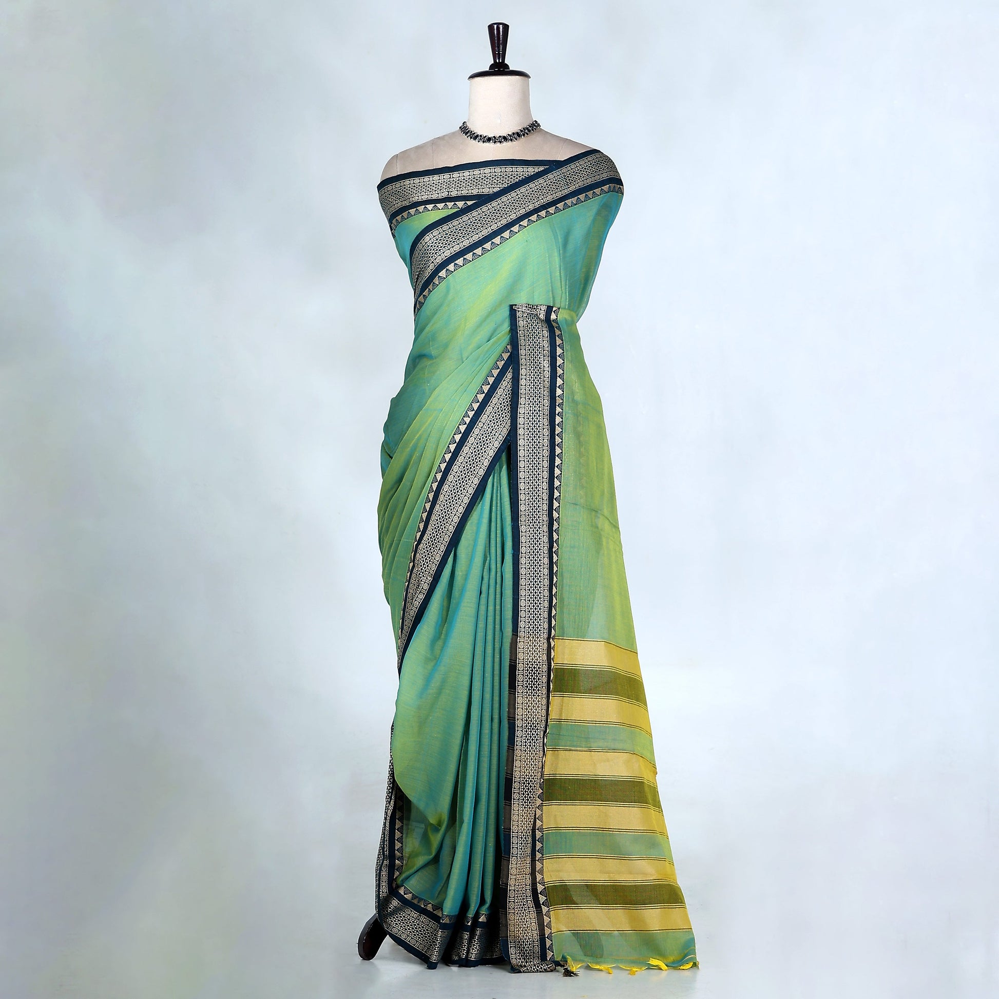 Handloom Green Mangalagiri Cotton Saree with Solid Pattern and Zari Woven Zig Zag Border - Full View