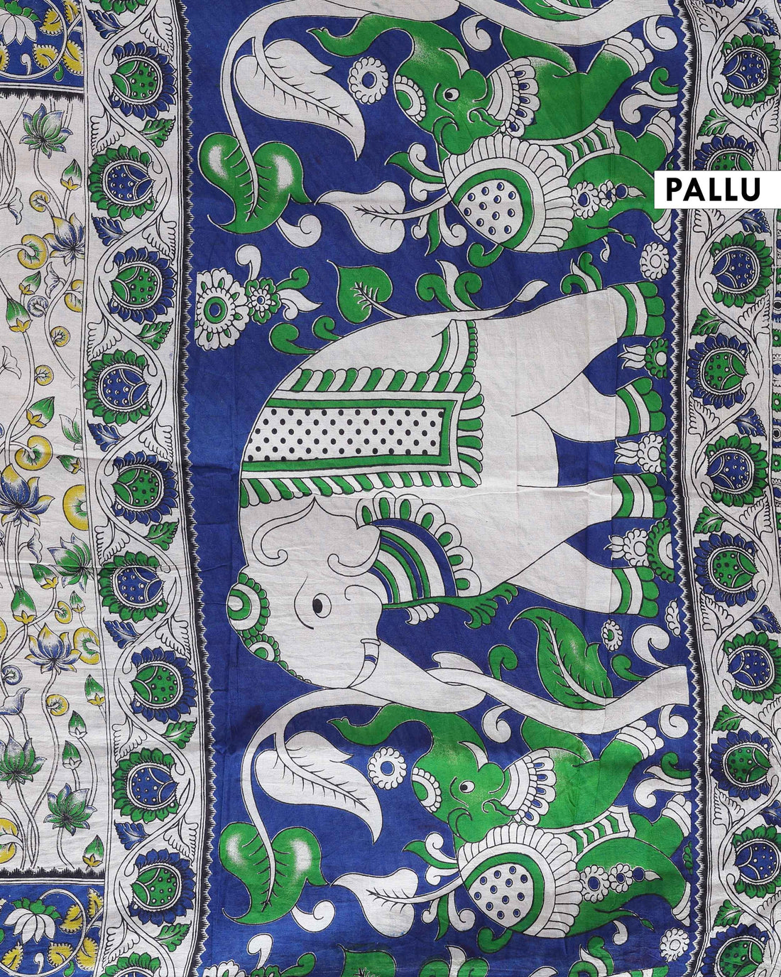 Kalamkari Cotton Saree with Traditional Lotus and Floral Motif Border -Cream