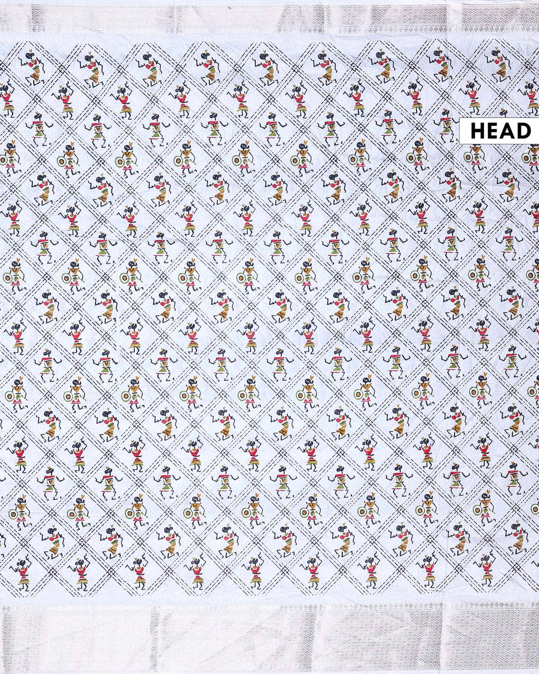 Traditional Warli Art Dola Silk Saree with Tribal Dance Motifs and Ornamental Border – Off White