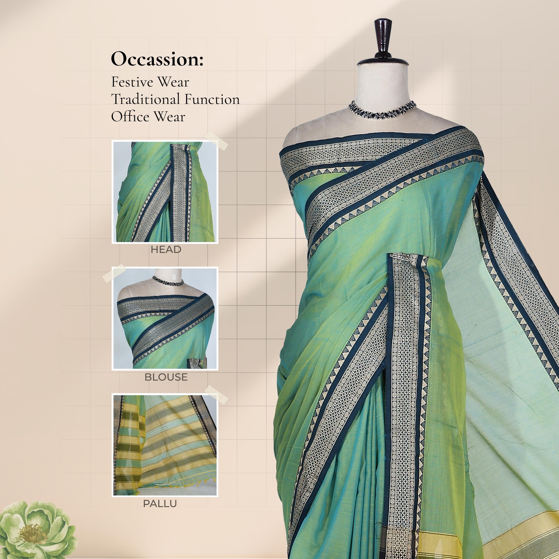 Green Mangalagiri Cotton Saree With Traditional Woven Border And Striped Pallu-Front View 