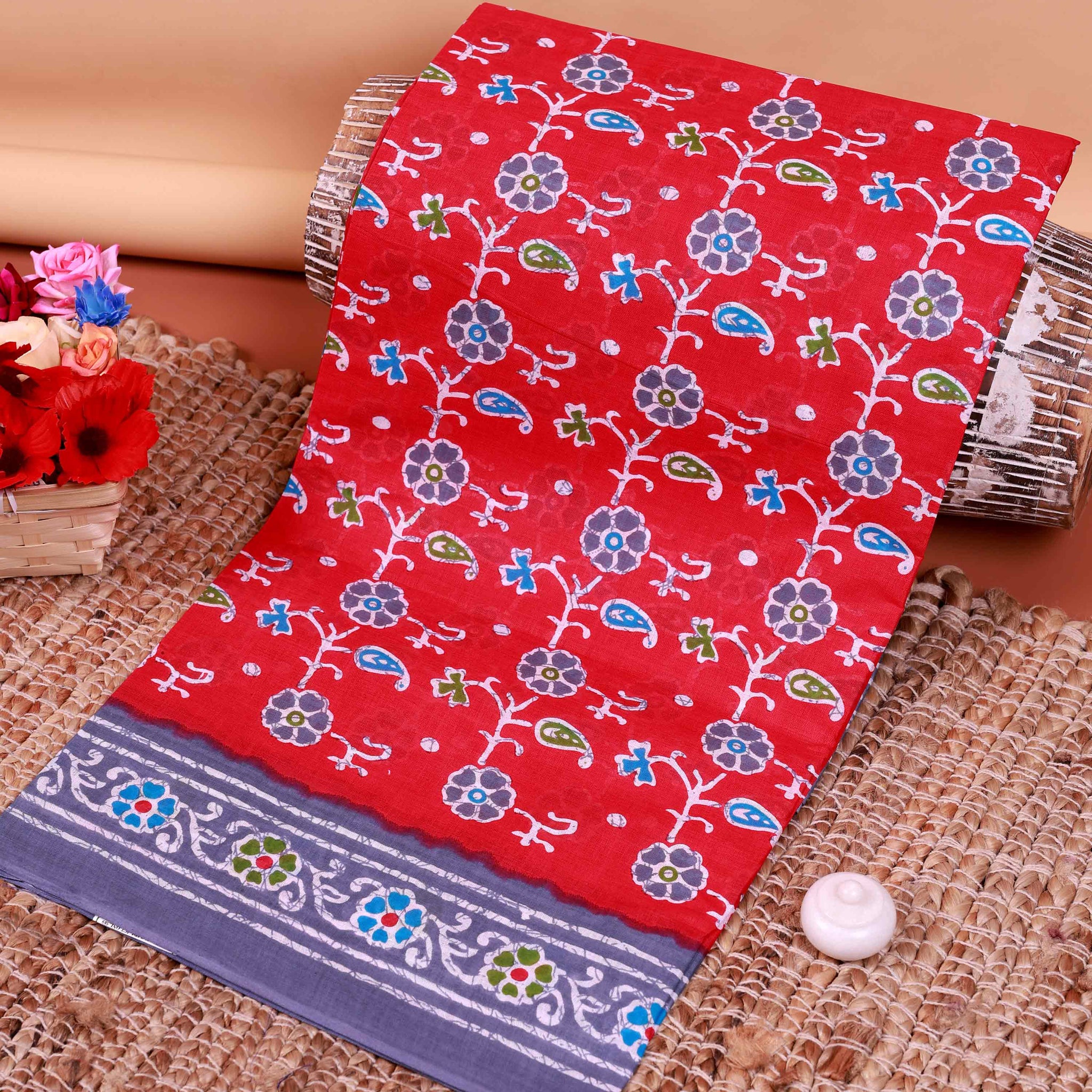 All-Over Floral Printed Voile Saree with Intricate Contrast Border – Red