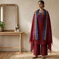 Womens Ethnic Unstitched Salwar Material With Elephant Zari Border Maroon Color And Blue Border Dupatta Front View