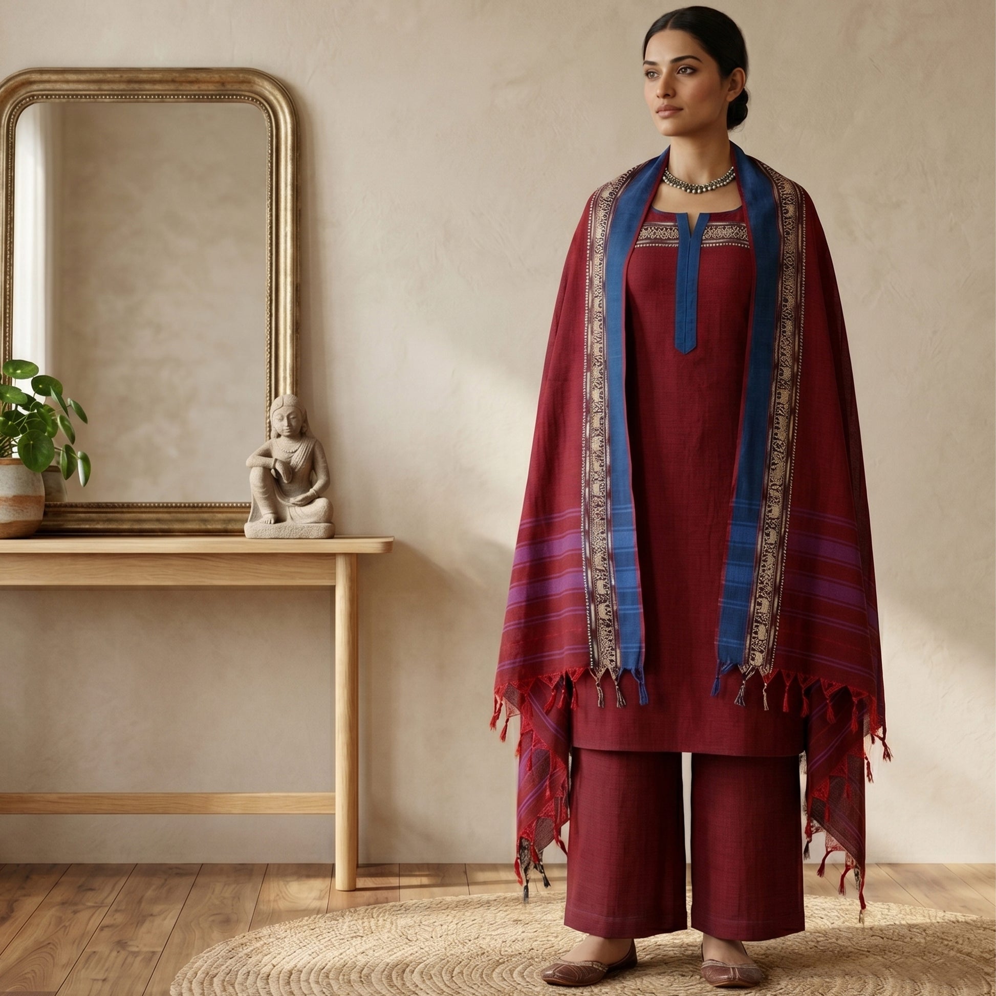 Womens Ethnic Unstitched Salwar Material With Elephant Zari Border Maroon Color And Blue Border Dupatta Front View