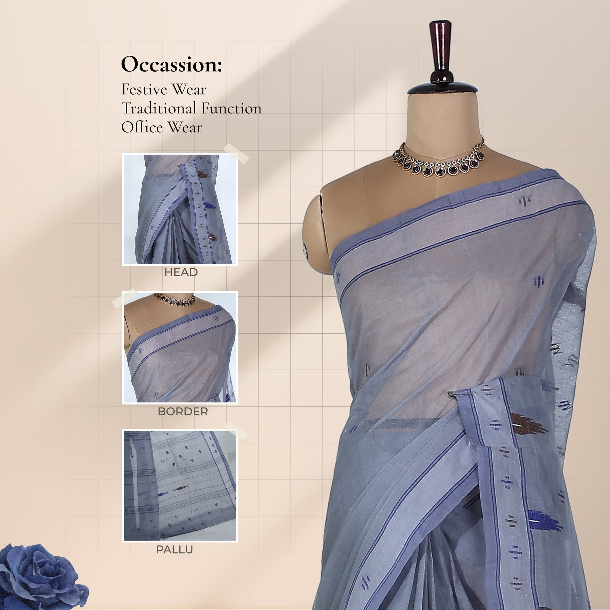 Bengal Cotton Saree With Woven Butta Motifs And Contrast Border In  Grey Draped Front View