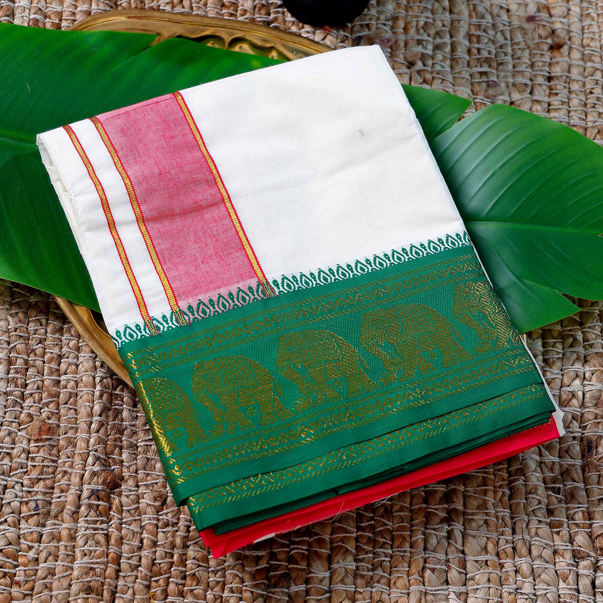 Men’s Cotton Dhoti with Green Colour Border - White