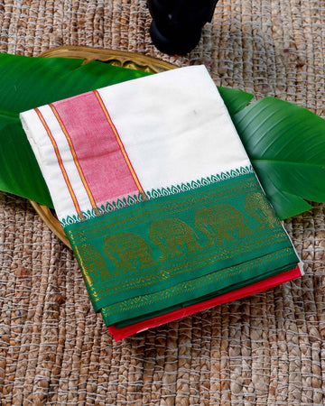 Men’s Cotton Dhoti with Green Colour Border - White