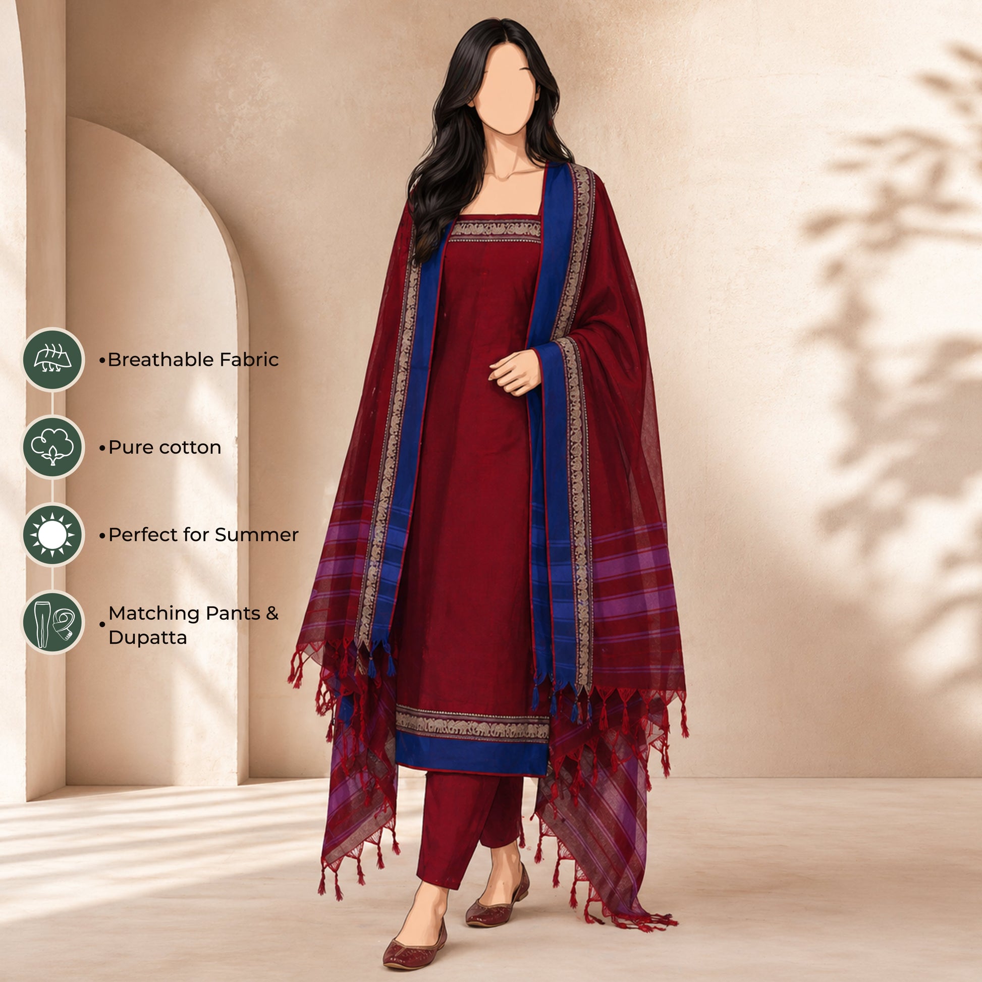 Women's Pure Cotton Salwar Material In Maroon With Matching Pants And Dupatta - Front View
