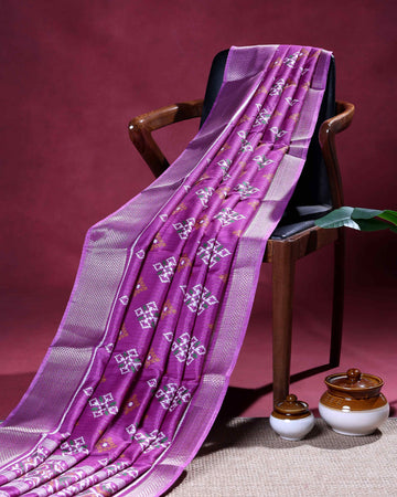 Elegant Dola Silk Saree with All-Over Ikkat Inspired Geometric Butta Motifs and Rich Traditional Zari Woven Border - Purple
