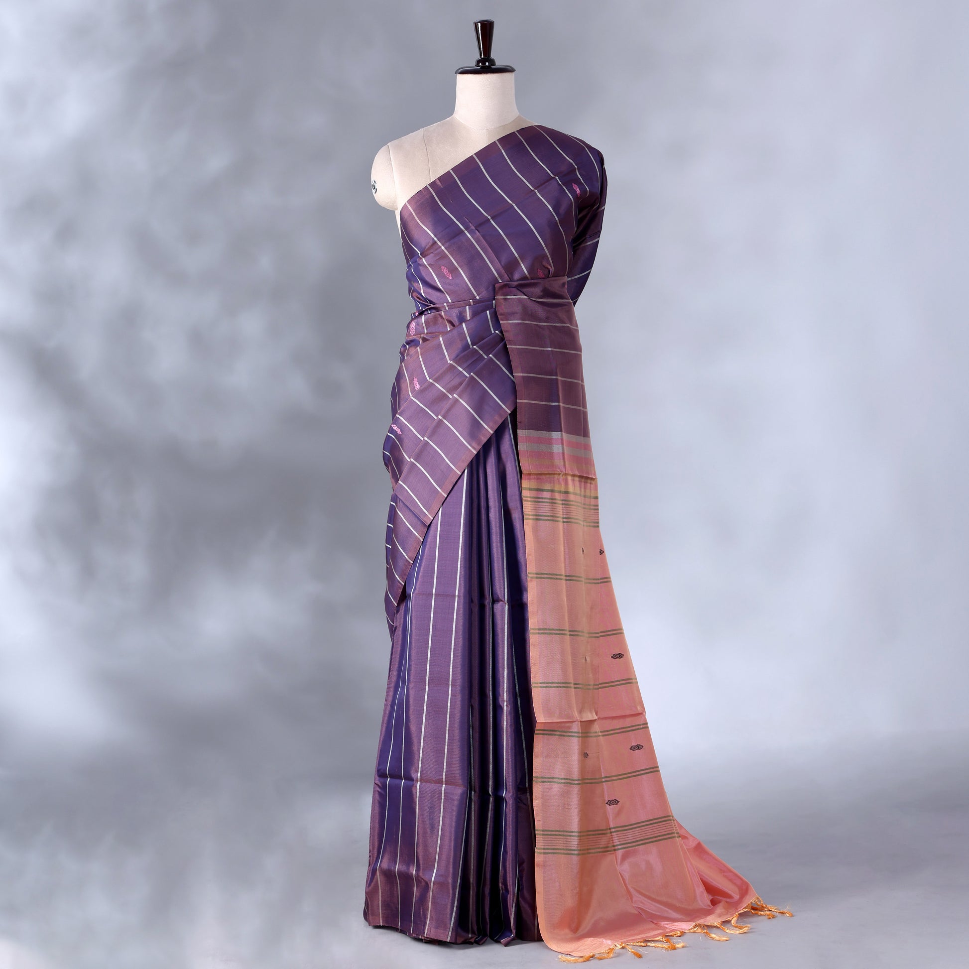 Purple Banana Pith Saree with Striped Pattern and Woven Border - Full View