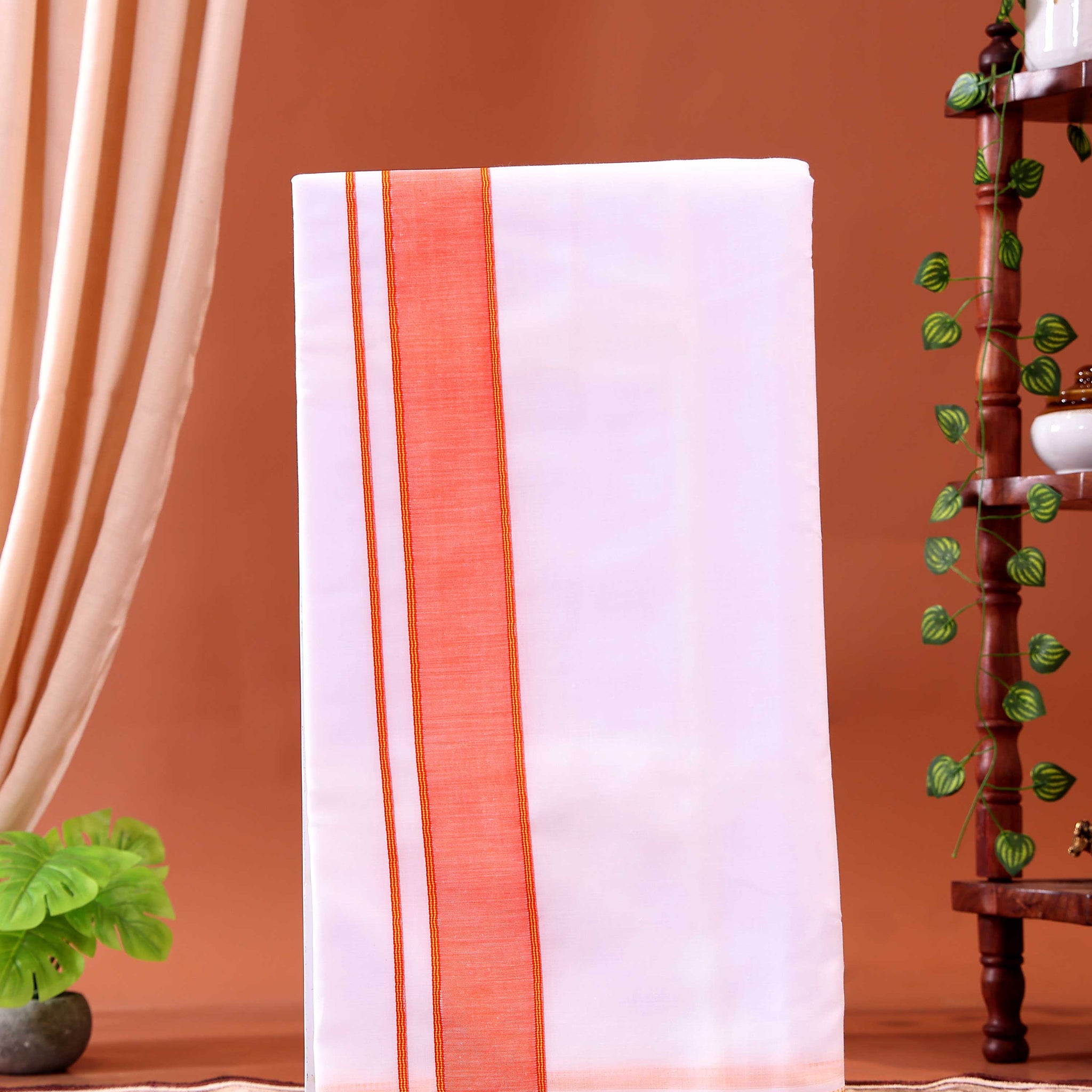 Men’s Traditional Handloom Cotton Dhoti with Orange Border - White