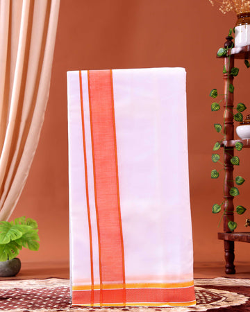 Men’s Traditional Handloom Cotton Dhoti with Orange Border - White