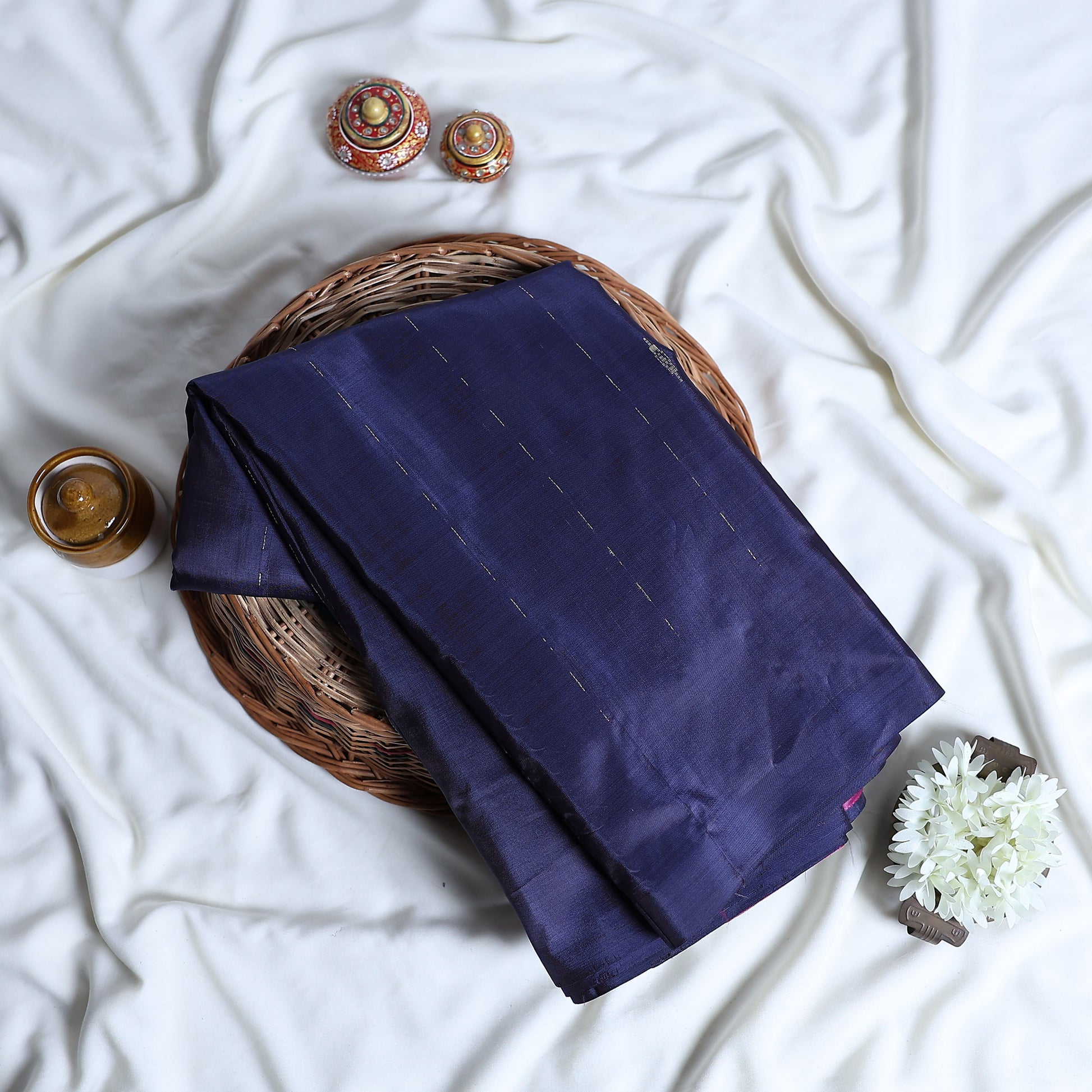 Navy  Banana Pith Saree with Dotted Pattern and Plain Body On White Backdrop