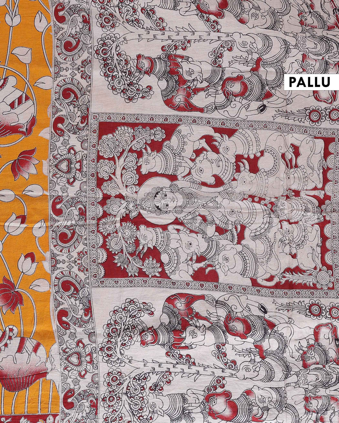 Traditional Handloom Kalamkari Cotton Saree with Avian & Lotus Motifs - Yellow