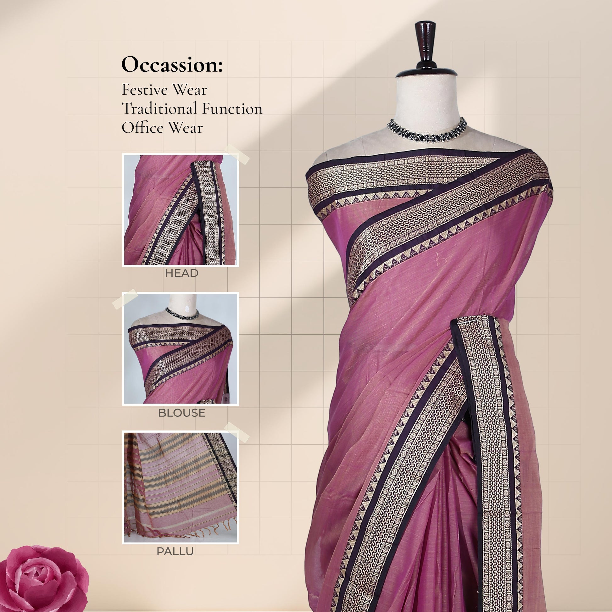 Onion Pink Mangalagiri Cotton Saree With Traditional Woven Border And Striped Pallu-Front View 