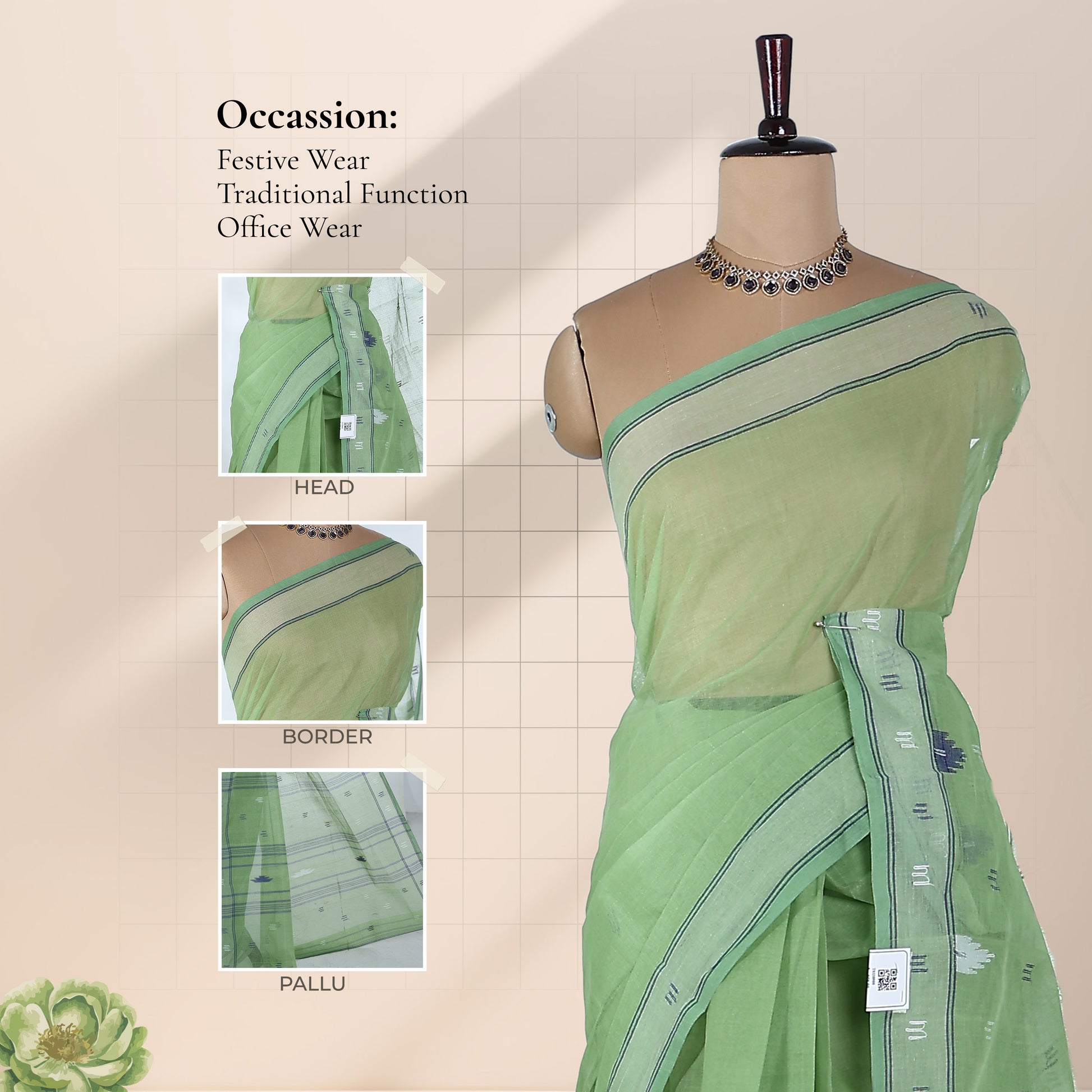 Bengal Cotton Saree With Woven Butta Motifs And Contrast Border In  Green Draped Front View