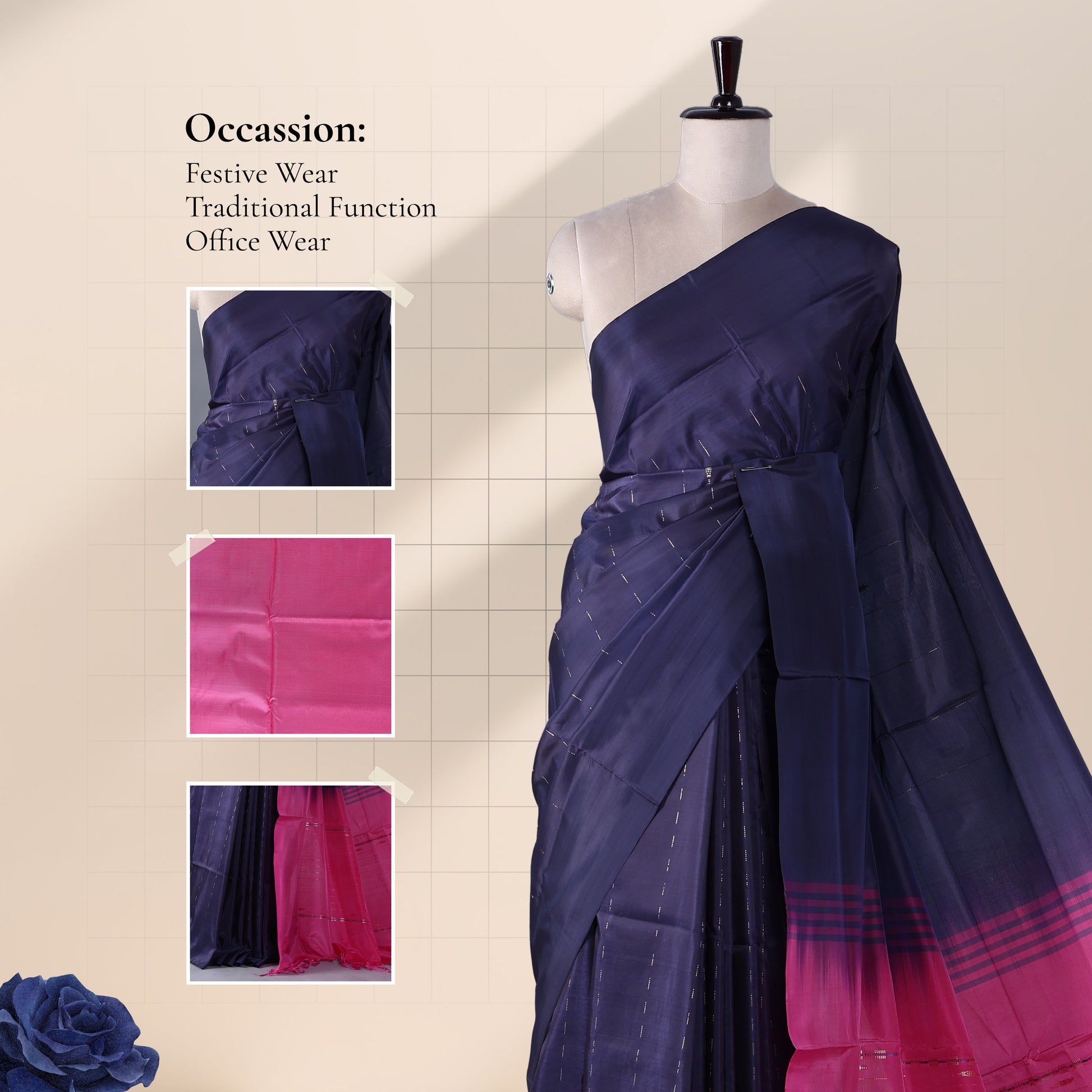 Navy Banana Pith Saree with Dotted Pattern Contrast Pink Pallu and Elegant Striped Border