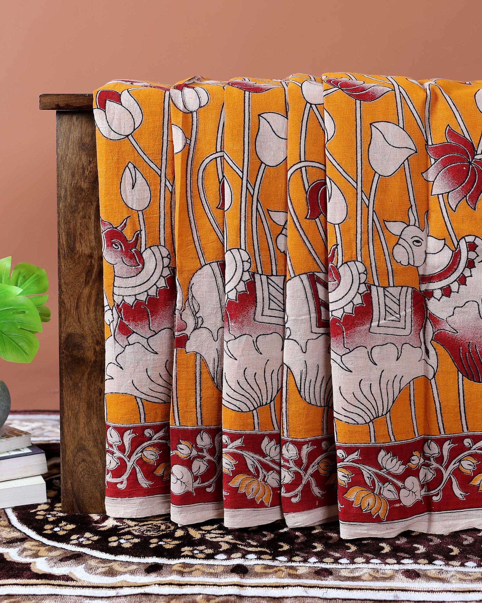 Traditional Handloom Kalamkari Cotton Saree with Avian & Lotus Motifs - Yellow