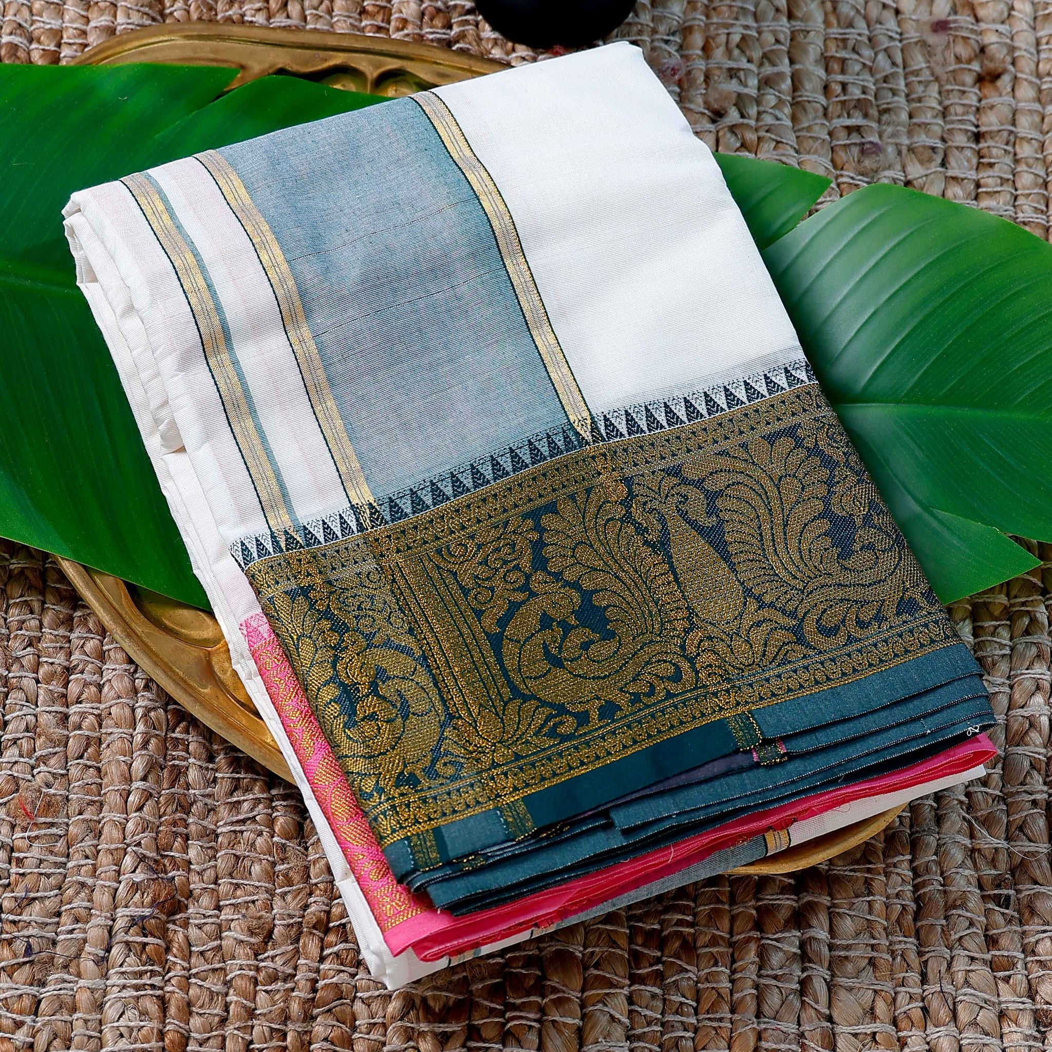 Men’s Cotton Dhoti with Teal Colour Border - White