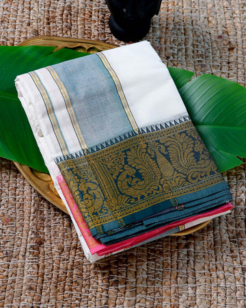 Men’s Cotton Dhoti with Teal Colour Border - White