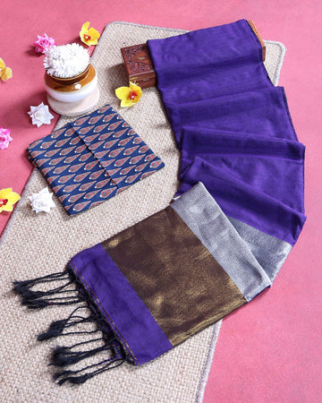 Handloom Traditional Khadi Cotton Saree with Woven Border and Contrast Printed Blouse Piece - Violet