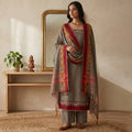 Womens Ethnic Unstitched Salwar Material With Elephant Zari Border Grey Color And Maroon Border Dupatta Front View