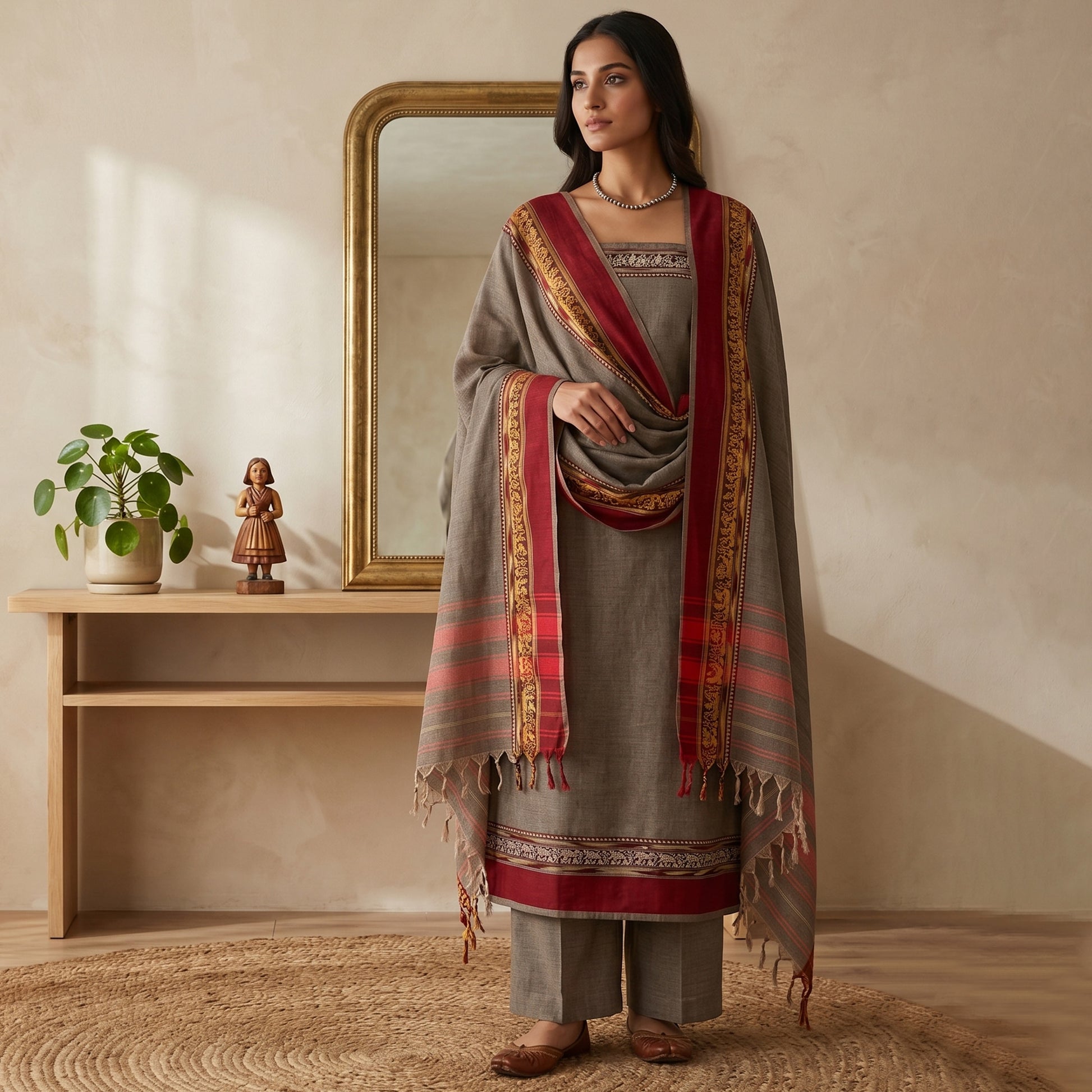 Womens Ethnic Unstitched Salwar Material With Elephant Zari Border Grey Color And Maroon Border Dupatta Front View