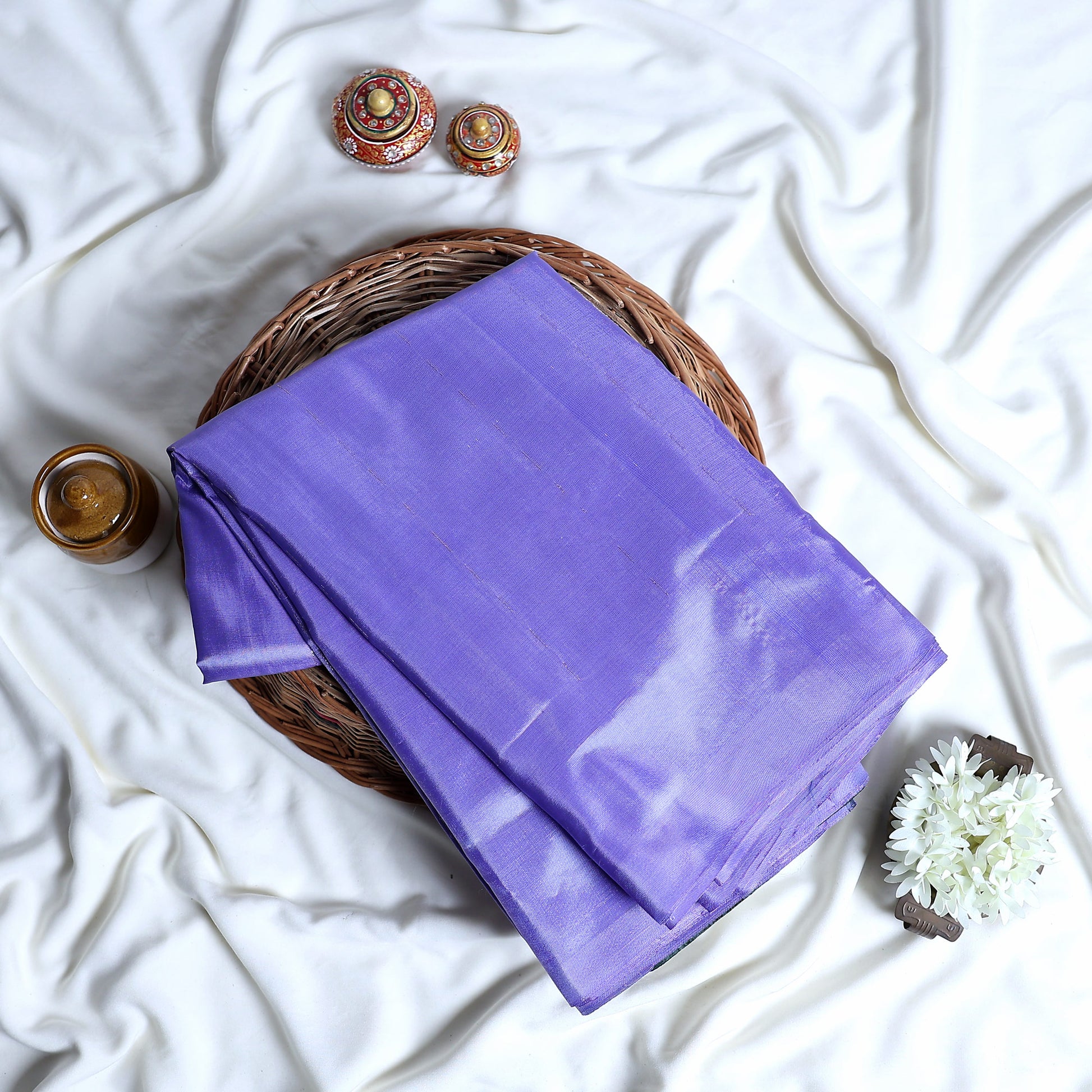 Lavender  Banana Pith Saree with Dotted Pattern and Plain Body On White Backdrop