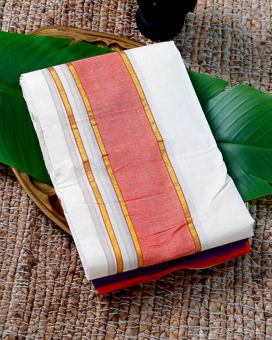 Men’s Cotton Dhoti with Orange Colour Border - White