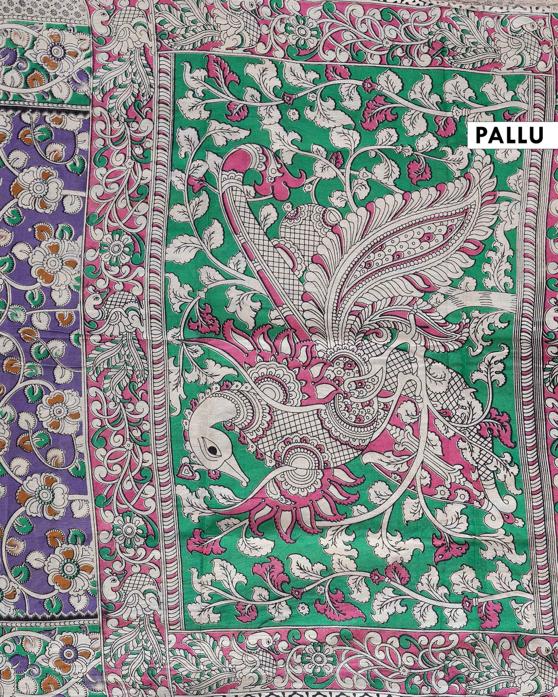 Traditional Kalamkari Cotton Saree with Traditional Floral Motifs - Purple