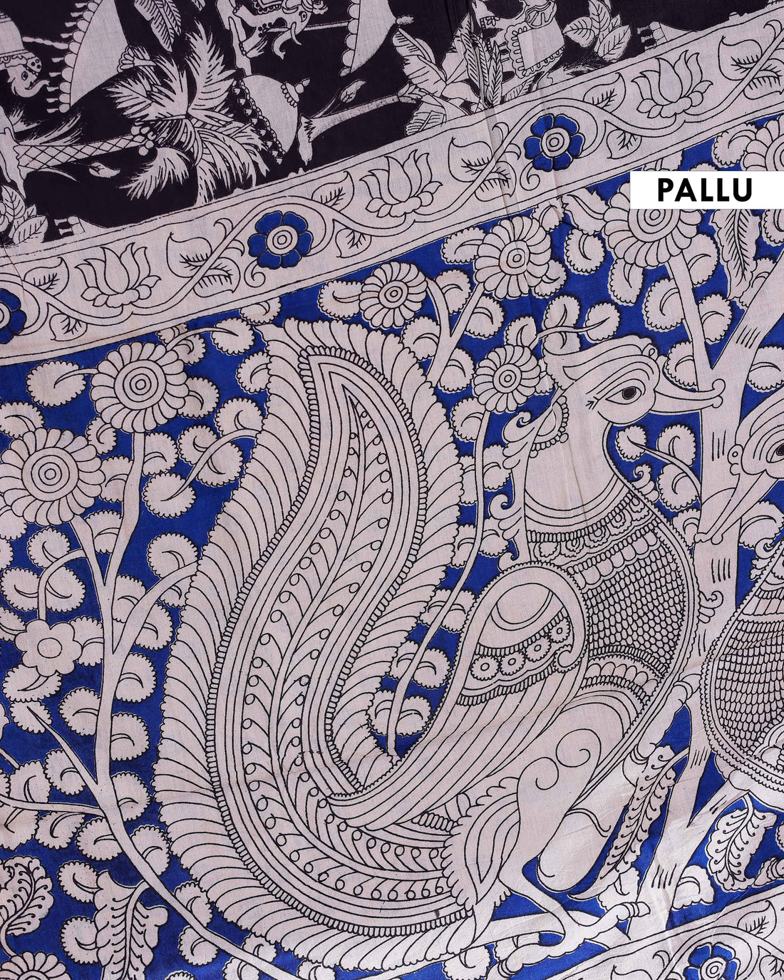 Traditional Handloom Kalamkari Cotton Saree with Intricate Floral and Avian Motifs - Navy Blue