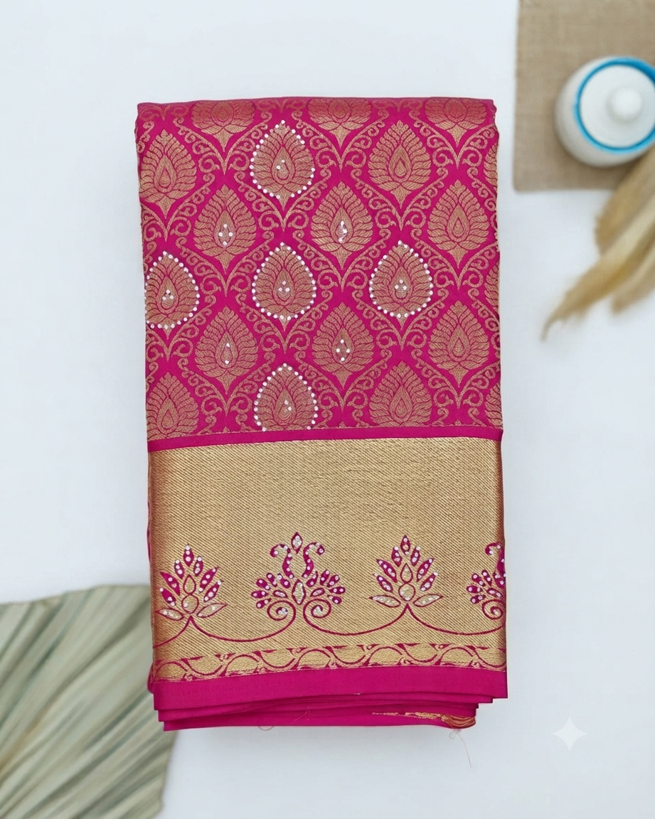 Elegant Niranjana Silk Saree with Intricate Gold Zari Weave & Traditional Motifs - Pink