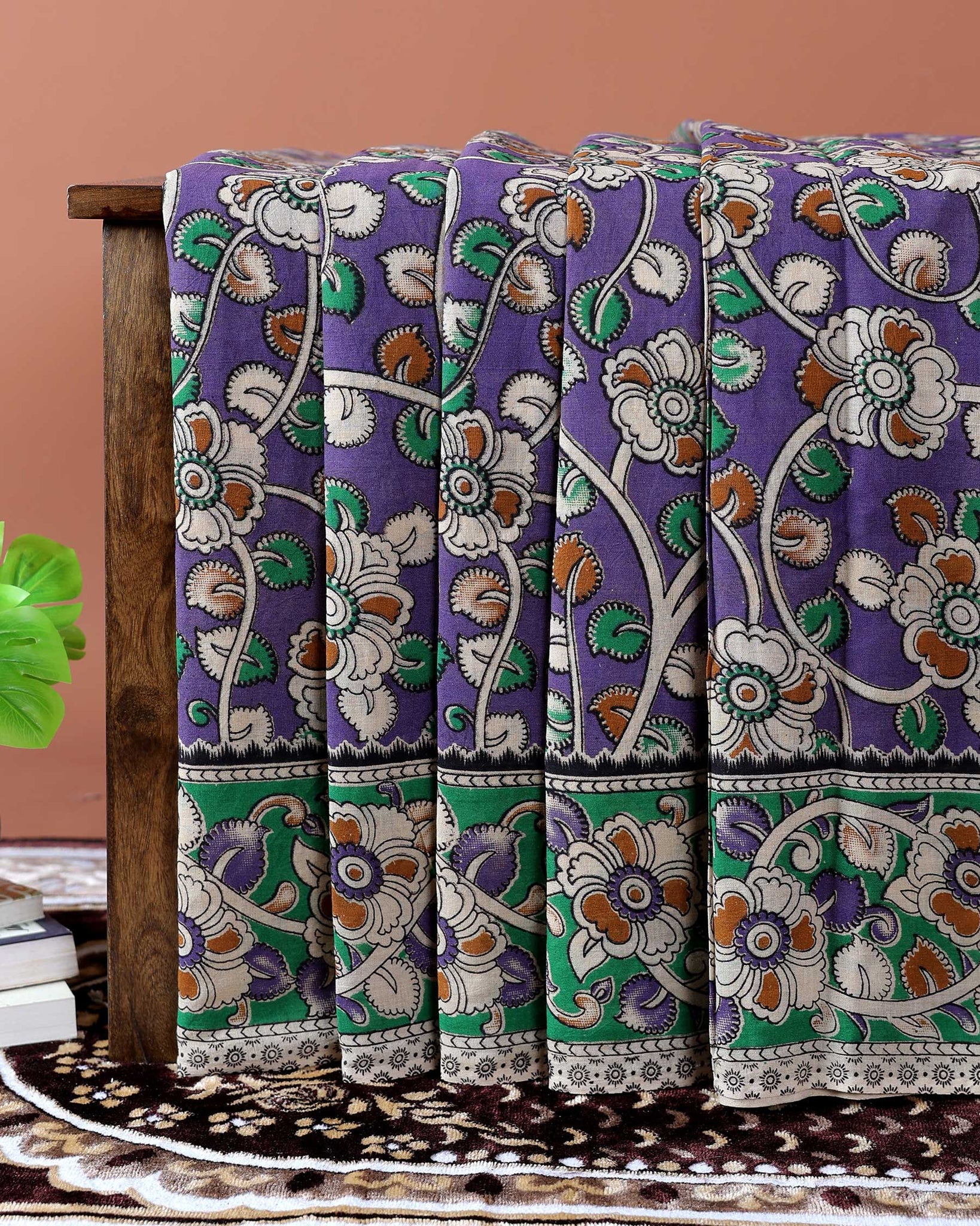 Traditional Kalamkari Cotton Saree with Traditional Floral Motifs - Purple