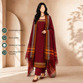 Women's Pure Cotton Salwar Material In Dark Maroon With Matching Pants And Dupatta - Front View