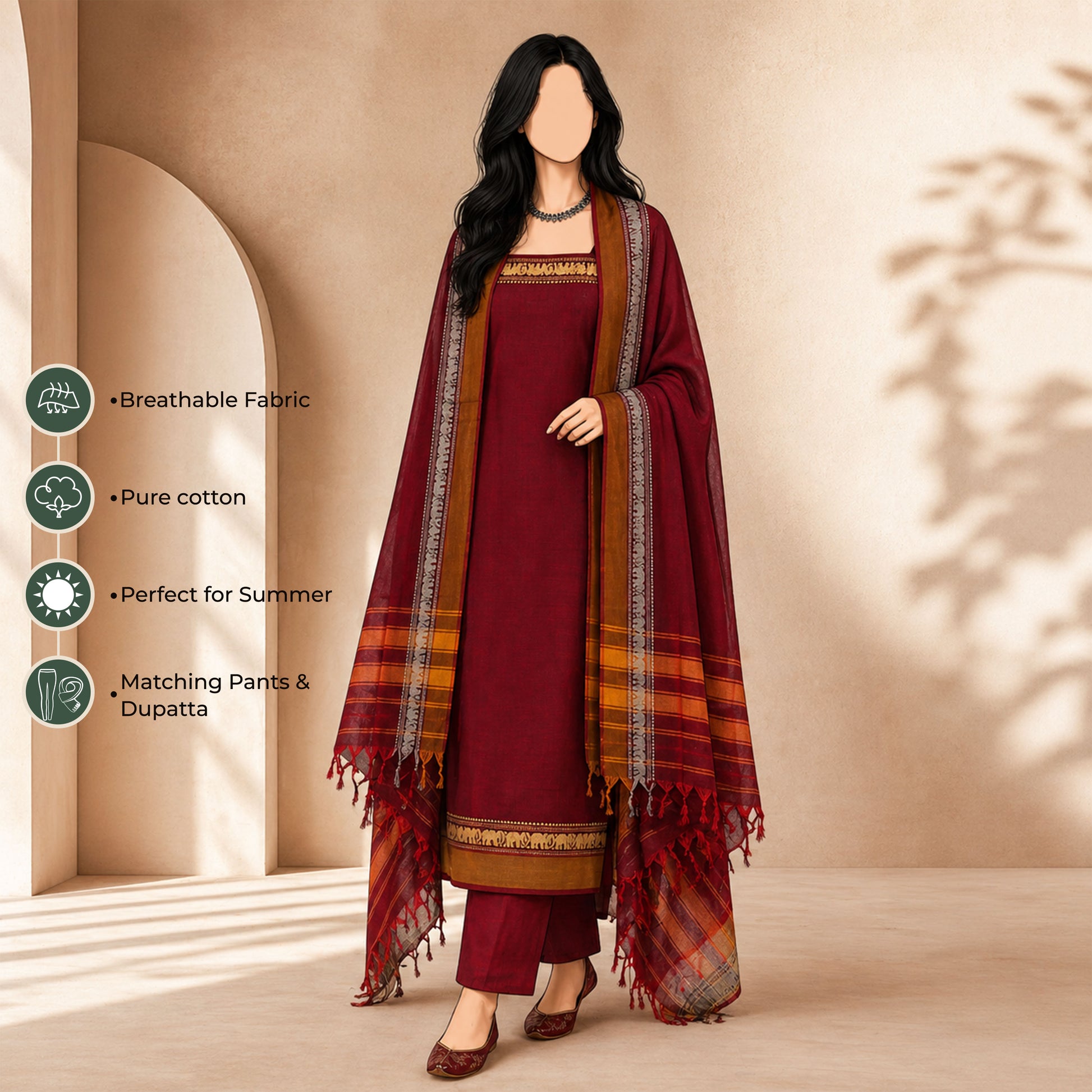 Women's Pure Cotton Salwar Material In Dark Maroon With Matching Pants And Dupatta - Front View