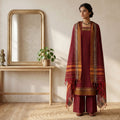 Womens Ethnic Unstitched Salwar Material With Elephant Zari Border Dark Maroon Color And Orange Border Dupatta Front View
