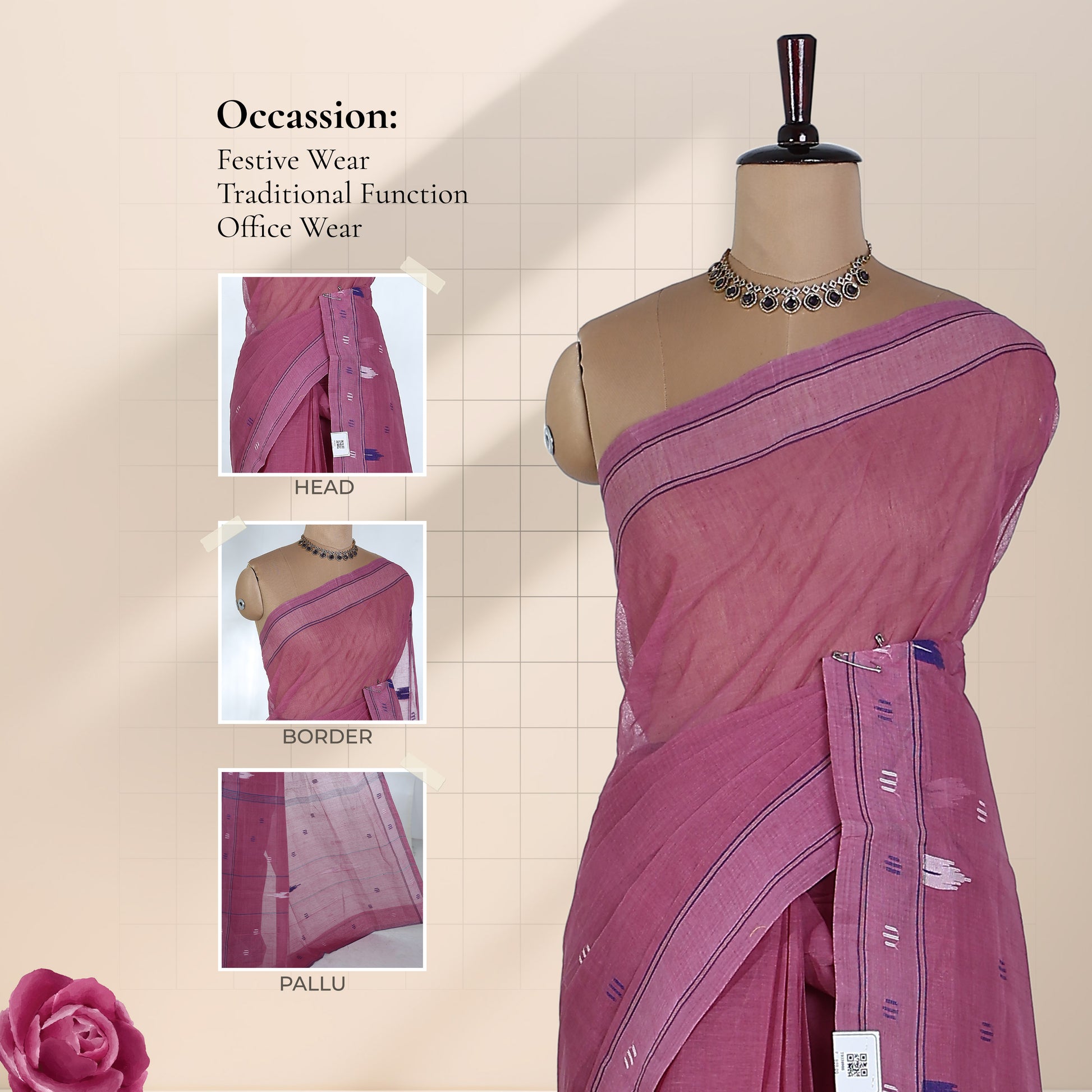 Bengal Cotton Saree With Woven Butta Motifs And Contrast Border In  Onion Pink Draped Front View
