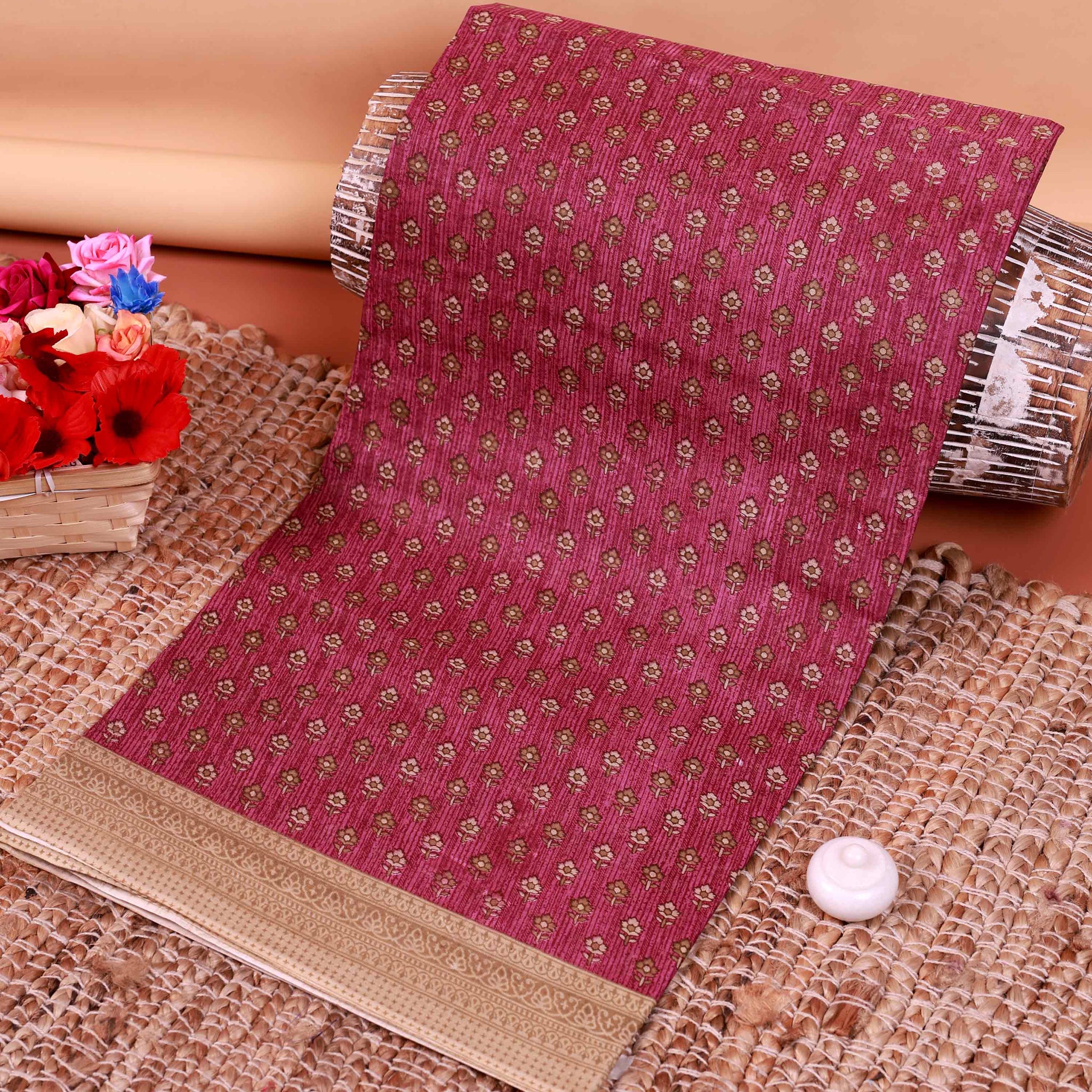 All-Over Floral Printed Voile Saree with Intricate Contrast Border – Purple
